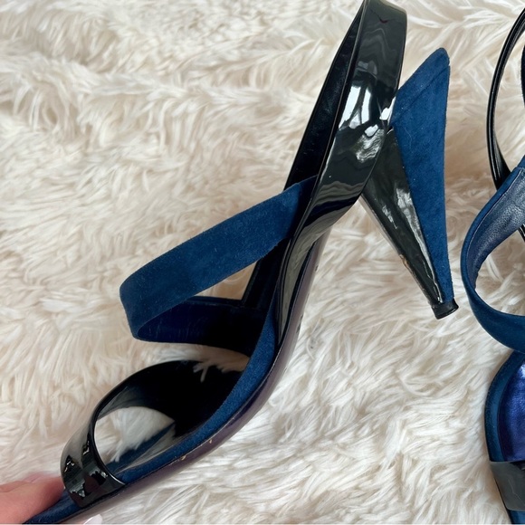 Miu Miu Navy Blue Suede Black Patent Leather Slingback Heels Sandals Size 9.5 - Picture 6 of 14